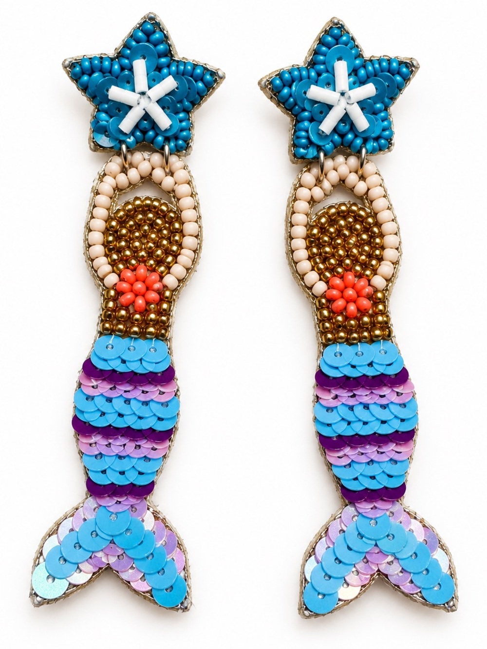 Handmade Mermaid Beaded Statement Earrings in Blue and Purple